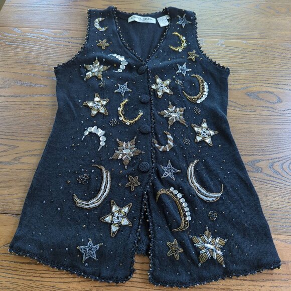 Michael Simon Beaded Y2K Vest Women’s Sweater Sz S Celestial Stars Moon Sequin - Picture 10 of 16